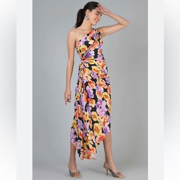 NWT Anthropologie Geisha Designs Asymmetrical Hem Midi Dress Purple Motif XXS - Picture 1 of 16